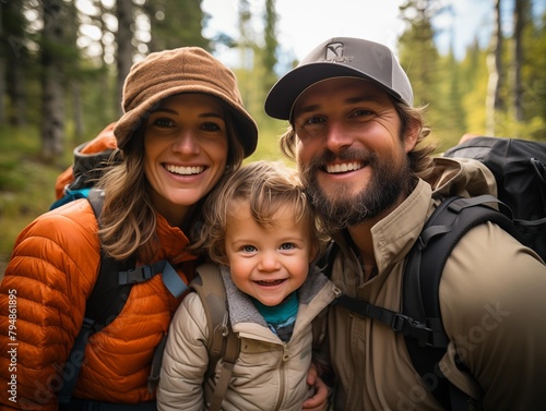 A Family's Joyful Hike in the Forest at Daytime