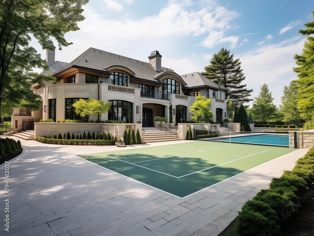 Obraz premium A Luxurious Estate Featuring Tennis Court on a Sunny Day
