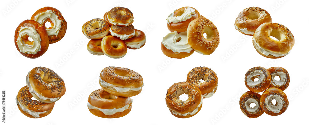 Assorted bagels with cream cheese cut out png on transparent background