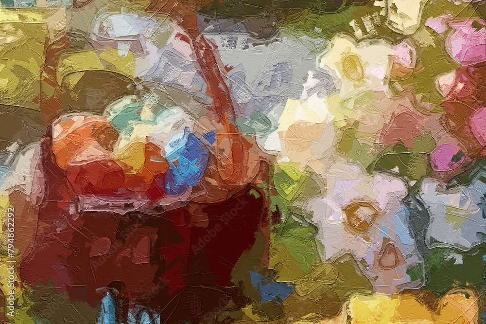 Fototapeta premium Oil paintings and various floral landscapes, ponds, forests, tigers, birds, lotus leaves, and lotus flowers