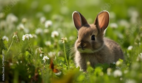 A baby bunny exploring a patch of clover in a sunny field, its ears twitching with every sound.