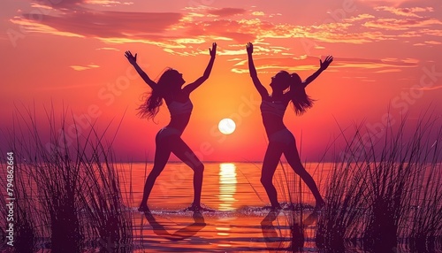 Three women are standing in a field with the sun setting behind them by AI generated image