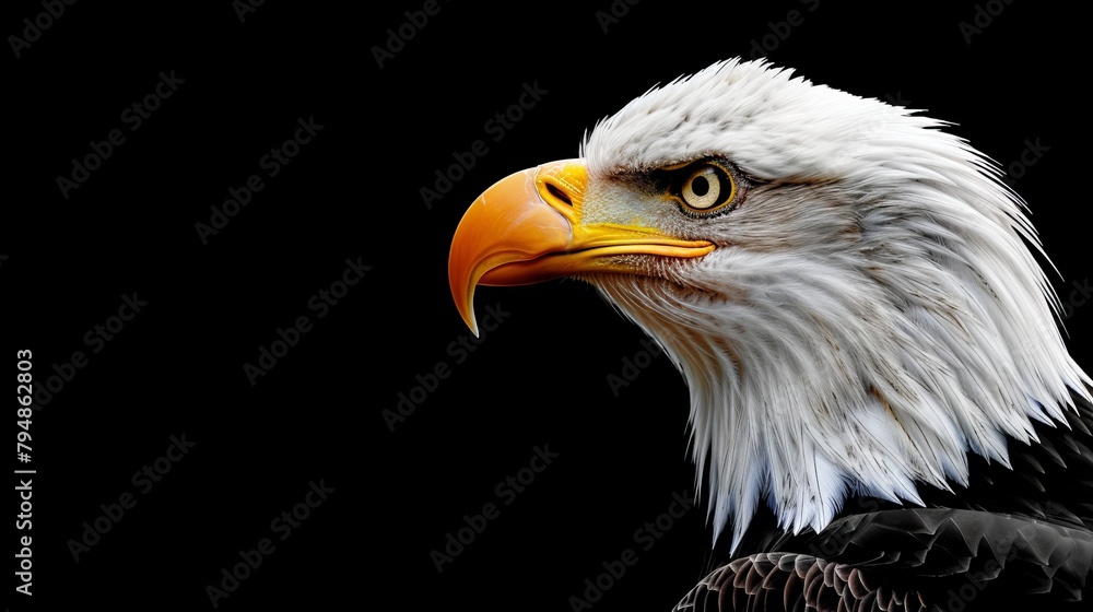 Close-up of an eagle's head against a black backdrop, framed by a white and yellow stripe Close-up of an eagle's head against a black backdrop, framed by a white and yellow stripe