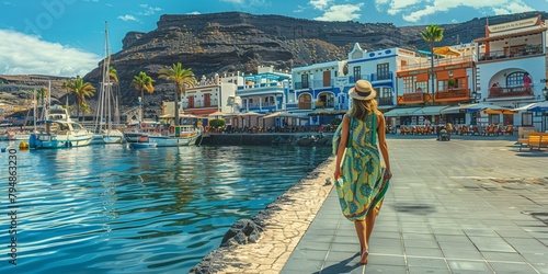 A female strolling at the harbor of a seaside village in southern Gran Canaria.