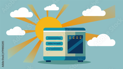 An artistic depiction of a solarpowered air conditioning unit with rays of sunlight powering the cool air being emitted.