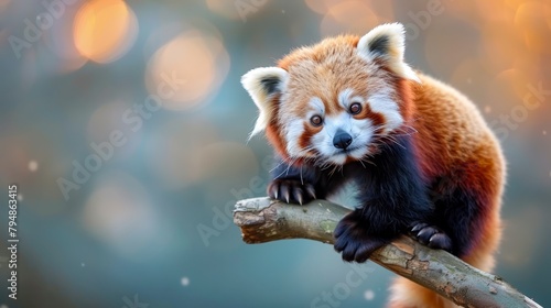   A red panda atop a tree branch, paws gripping firmly, amidst a hazy backdrop photo
