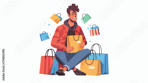 Cheerful young man shopping online Hand drawn style 