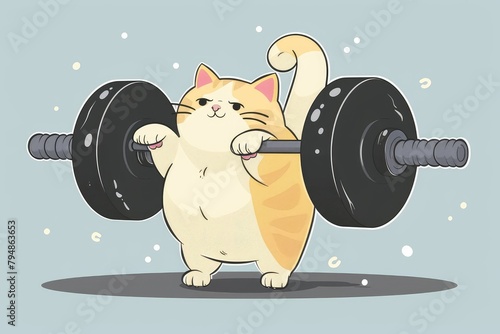 Cartoon fat cat lifting a barbell. Cute vector illustration.