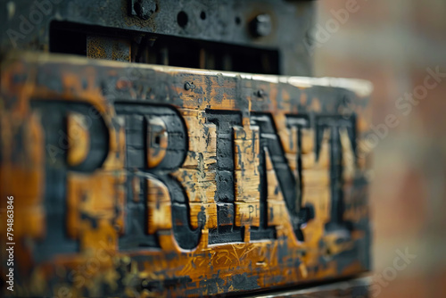 The word Print in old wooden letterpress type, with writing 