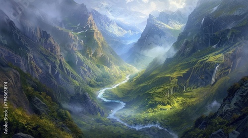 A peaceful, misty valley surrounded by towering mountains, with a winding river running through it.