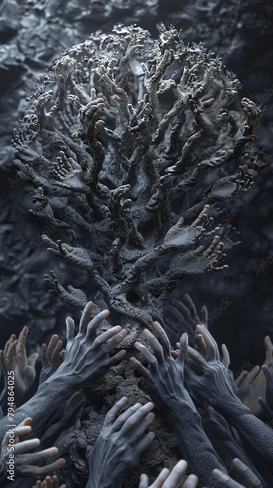 A surreal and otherworldly tree composed entirely of human hands A surreal and otherworldly tree composed entirely of human hands