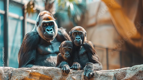   Three gorillas atop a stone wall, near a palm tree in a zoosetting photo