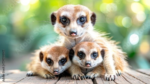  Three meerkats atop a wooden table against a green, leafy backdrop