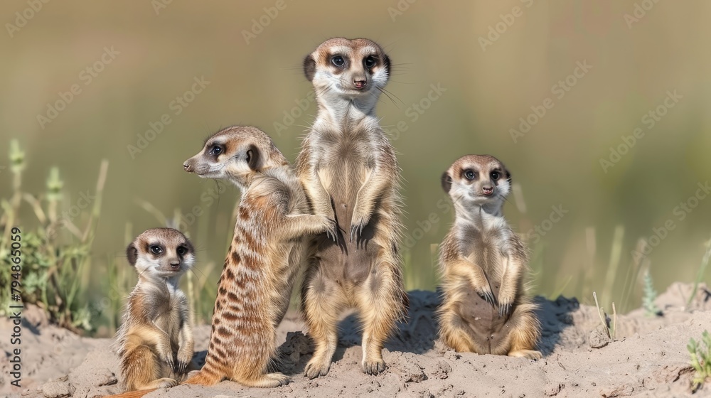 Three meerkats aligned on sandy ground, grassy background Three meerkats aligned on sandy ground, grassy background