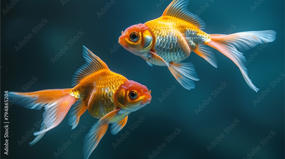 Two vibrant goldfish swim gracefully in a serene underwater scene, showcasing their colorful fins against a deep blue background. Two vibrant goldfish swim gracefully in a serene underwater scene, showcasing their colorful fins against a deep blue background.
