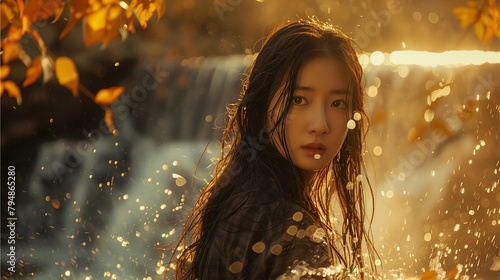 Long-haired Asian woman playing in the water at a waterfall in nature Behind the sun shines, the background is blurred.Generative AI illustration.