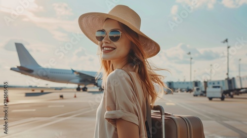 Before boarding the plane, a young woman with a suitcase stands on the platform, contemplating the sky. Her imagination is full of travel dreams, and her expression expresses immense joy