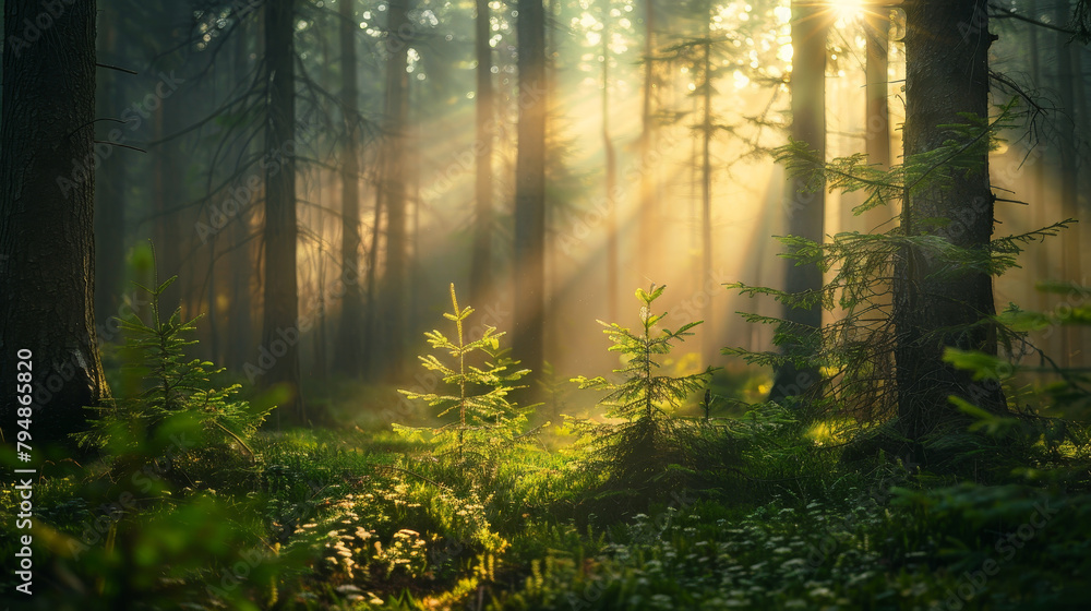 Sunlight streaming through a serene green forest. Sunlight streaming through a serene green forest.