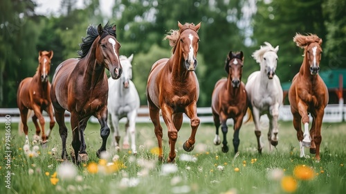  Group of horses galloping in a lush green field, dotted with flowers in the foreground Trees line the background