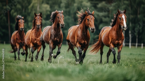  A group of brown horses runs in a field of green grass Trees line the backdrop