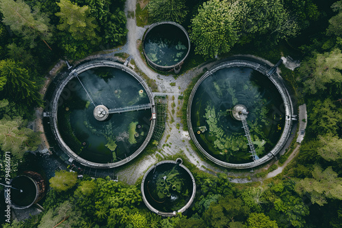 Sewage treatment plant from above. Grey water recycling. Waste management theme. Ecology and environment in European Union
