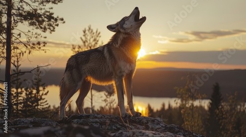  A solitary wolf atop a hill, sunset painting the sky behind, trees in foreground