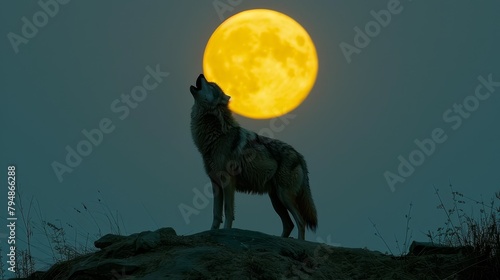  A wolf atop a hill gazes at the full moon, turning its head slightly to the side