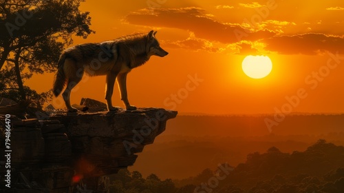   A wolf atop a cliff edge  silhouetted against a setting sun and turbulent clouds