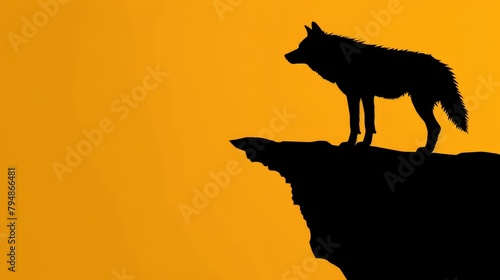  A wolf silhouetted atop a cliff against a yellow sky; another, black, atop a cliff