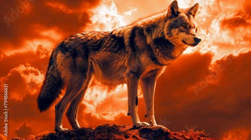  A wolf atop a dirt mound, beneath a cloudy sky with an orange-red sunset backdrop