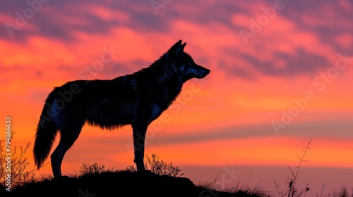  A wolf silhouette atop a hill during sunset, clouds in the sky