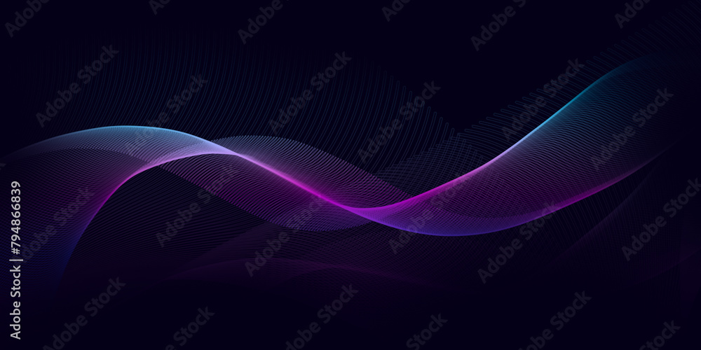 Dark abstract background with a glowing wave. Shiny moving lines design element. Modern purple, blue gradient flowing wave lines. Futuristic technology concept. Dark abstract background with a glowing wave. Shiny moving lines design element. Modern purple, blue gradient flowing wave lines. Futuristic technology concept.