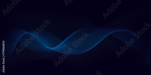 Dark abstract background with a glowing wave. Shiny moving lines design element. Modern purple, blue gradient flowing wave lines. Futuristic technology concept.