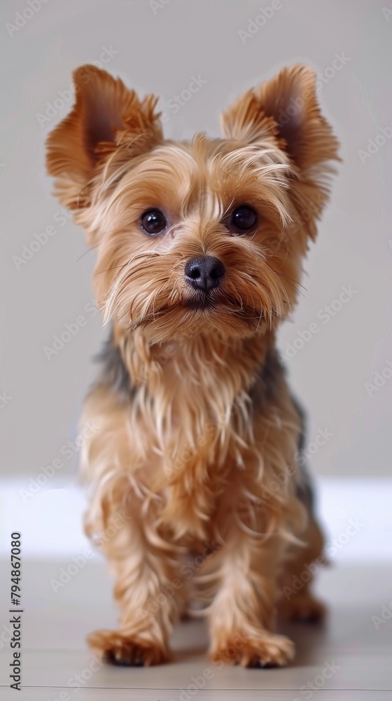 A small Yorkshire Terrier sitting with a sharp gaze, detailed fur texture, and a curious expression