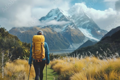 A lone explorer with a backpack gazes at the snow-capped peaks in a vast wilderness