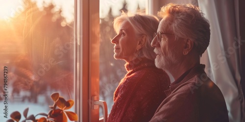 Elderly couple happily reminiscing and planning future while standing by window at home.