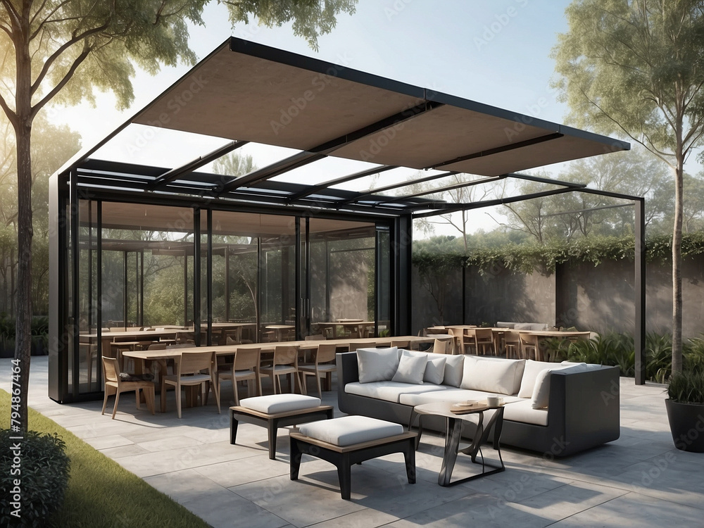 Canopy Comfort, Stylish Outdoor Seating with Contemporary Steel Structure