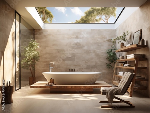 A serene bathroom bathed in morning light  showcasing nature outside