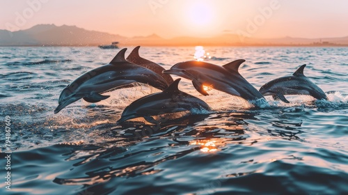   A group of dolphins swims in a tranquil body of water as the sun sets, casting an orange glow over the scene A boat floats peacefully nearby © Mikus