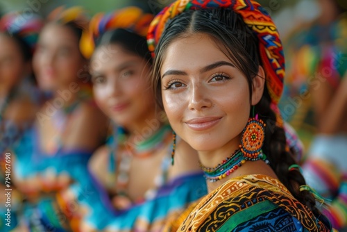 Vibrant close-up portrait of a young woman with traditional colorful attire and accessories © Odin AI