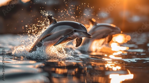  A few dolphins leap from a sun-kissed body of water at sunset