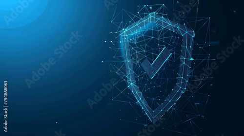 Secure technology. Polygonal wireframe shield with check mark sign on dark blue. Secure service, protect data, cyber shield, antivirus solution, internet safety, firewall system, privacy concept - photo