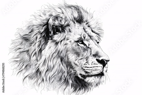 Hand-drawn sketch of a lion s face in an engraved style  depicting a wild animal.
