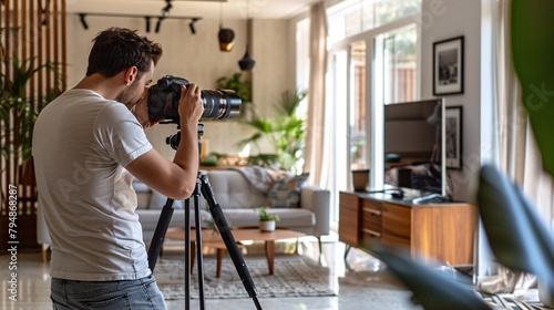 Experienced male photographer capturing indoor images of homes for real estate listings and interior design. photo