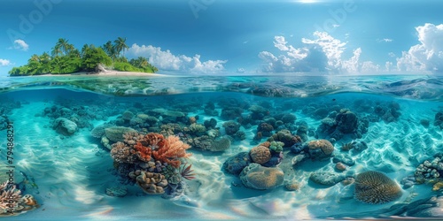 An immersive 360-degree panorama of a vibrant coral atoll  surrounded by crystal-clear turquoise waters and fringed by palm-lined