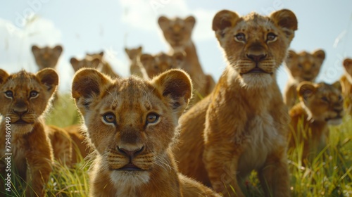   Young lions atop a lush green field Nearby  tall grass waves in the breeze