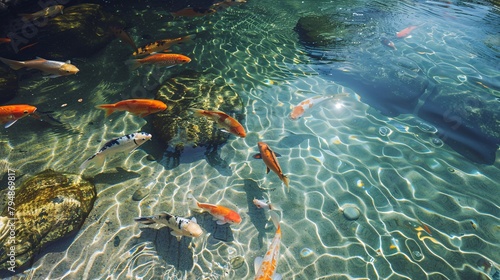 A scenic photo of colorful Asian koi fish swimming in a decorative pond.