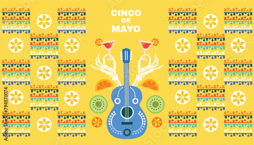 Happy Cinco de mayo template   poster with guitar, sombrero, firework, pattern  Translation from spanish - Cinco de Mayo - May 5 federal holiday in Mexico.Vector flat icon  illustration