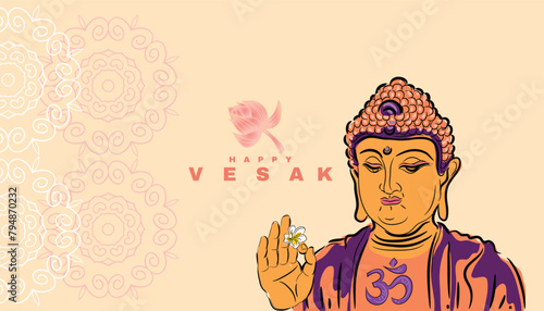 Happy Vesak Day   Budha Purnima Background With Budha Statue Silhouet  Pink Lotus,   Budha's anniversary, Waisak  Vector Illustration