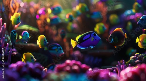   A tight shot of a school of fish amidst purple and green anemones and corals in the sea photo